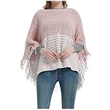 Gefomuofe Cape Damen Gestreiften Fledermausärmel Pullover Loose Fit Poncho Sweater mit Fransen Einfarbig Sweatshirt Strickpullover Eleganter Long Mantel Oberteil