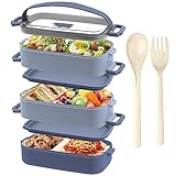 OITUGG Brotdose - 3 Etagen Lunchbox für Erwachsene - 2200ml Bento Box, mit Besteck und 3 stk Fächern Einstellbar, BPA Frei, Mikrowellengeeignet, Blau, 19.5 x 11.2 x 15cm, ohne Edelstahl Inner