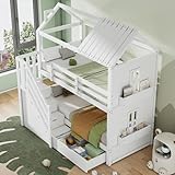 Aoskem Kinderbett Etagenbett 90x200 für 2 Kinder, Hausbett Hochbett mit Stauraum Treppe, Schubladen & Regalen, Holzbett Bettgestell mit Rausfallschutz und Lattenrost, Kiefer Rahmen, Ohne Matratze Weiß
