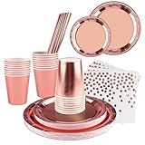 Partygeschirr,Shodiffy 100 Stück Pappteller Set, Papier Geschirr Set Partyzubehör Einschließlich Teller Becher Servietten Stroh Wiederverwendbar für 25 Gäste