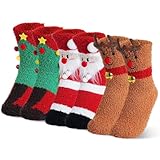 Gemütliche Damen-Fleece-Weihnachtssocken, 3 Paar mit Weihnachtsmann-, Elch- und Baummustern, rutschfeste Haussocken für drinnen, mehrfarbig, Einheitsgröße, mehrfarbig, Einheitsgröße