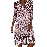 Sommerkleid Damen Leicht Midi Kleid V-Ausschnitt 3/4 Ärmel T-Shirt Kleider Swiss Dot Chiffonkleid Frauen Blusenkleid Boho Strandkleider Vintage Lose Freizeitkleider Dress