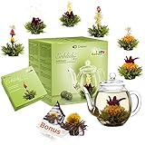 Creano Teeblumen Geschenkset - Erblühtee mit 500ml Glaskanne & 6x Grüner Tee + 1x Teelini Schwarztee Bonuskugel - 8 teilig