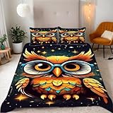 FUHAOLI Bettwäsche 155x220cm，Nachthimmel-Eule AI 3D Druck Bettbezüge Kissenbezügen 50×75 cm Mikrofaser Bettbezug,3 teilig,Leicht, atmungsaktiv und bequem Bettbezug,mit Reißverschluss#FD9