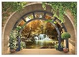 Forwall - Vlies Fototapete Fenster Wasserfall Wald Natur Landschaft 208x146 cm - Fototapeten - Tapeten - für Wohnzimmer Schlafzimmer - Vliestapete Wandtapete Tapete 3D Effekt- inkl. Kleister
