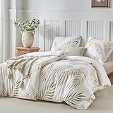 Lekesky Bettwäsche 135x200 4teilig - 2 Bettbezüge 135x200 cm + 2 Kissenbezüge 80X80 cm, Weißer Bettbezug mit Goldenem Tropisch Palmenblatt-Muster Bettwäsche-Sets Mikrofaser mit Reißverschluss