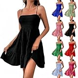 YEBIRAL Sommerkleid Damen Kuerz Sexy Spaghettiträger Freizeitkleid Sommer Leichte Strandkleid Lässig Ärmellos Minikleid Hohe Taille Mini Dress A-Linie Kleid Einfarbig Swing Kleider