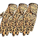 3 Stück Damen Golfhandschuhe Bequem Cabretta Leder & Mikrofaser Material - Linke Hand Golfspieler - Leopardenmuster Bessere Griffigkeit Flexible Handbewegung - Verstellbarer Klettverschluss - Klein