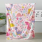 QOOMO Flanelldecke mit Cartoon-Dinosaurier-Motiv, bunte Blumen, rosa, niedliche Sofa-Dekoration, gemütlich, weich, leicht, geeignet für alle Jahreszeiten, Doppelgröße (149,9 x 119,4 cm)