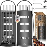 KESSER® Kaminzubehör 5-teiliges Kaminbesteck Set | Modern Design, beschichtet, Hochwertige Kamingarnitur aus 5 Teilen: Besen, Schaufel, Schürhaken, Zange, Ständer mit Sichtschutz Edelstahl Schwarz