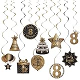 SZHUIHER Happy 8th Birthday Party Hängende Wirbel Bachläufe Deckendekorationen Feier 8 Folie hängende Wirbel mit Aussparungen für 8 Jahre alt Schwarz und Gold Geburtstag Party Dekorationen Supplies