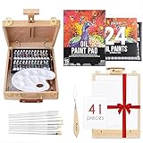 Staffelei mit Ölfarben Set - Malset 41 Teile : 24 Tuben Ölfarbe 3 Leinwand Zum Bemalen 1 Malblock 10 Pinsel 1 Malspachtel 1 Palette 1 Tischstaffelei Zenacolor