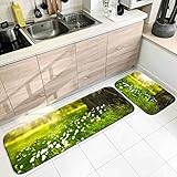 Iutdoor Teppich, Küchenteppich rutschfest Grün Braun Weiß Sonne und Blume 60X90cm+60X180cm Heimtextilien