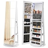 SONGMICS JJC007W01 Schmuckschrank mit Spiegel auf Füßen, abschließbar, mit 6 LEDs, Schmuckaufbewahrung, um 360° drehbar, rahmenlos, 3 Ablagen, weiße Oberfläche, schwarze Innenauskleidung