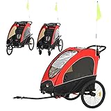 HOMCOM 3 in 1 Kinderanhänger Aluminium Kinder Jogger Fahrradanhänger Radanhänger für 2 Kinder mit Fahne Rot+Schwarz 150 x 85 x 107 cm