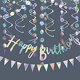 Happy Birthday Girlande Irisierende Gburtstag Deko Folie Silber Wimpelkette Schillernd Circle Banner Metallic Spiralen Luftschlangen Holografisch Geburtstagsdeko Iridescent Party Dekoration