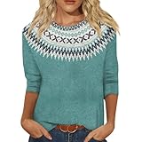 Norweger Pullover Damen Strickpullover Rundhals Pulli 3/4-Arm Pullunder Norwegermuster Warme Winterpullover Oberteile Lockere Jumpers Klamotten Teenager Mädchen Sweater,B Türkis,XL