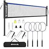 BAGAIL Professionelles Badmintonnetz-Set, TurnierschANDARD 6,1m x 1,55m, Allwettertauglich PE-Netz, 5-Minuten-Montage, Mit 4 Schlägern, 3 Schittern und Tragetasche