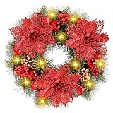 BUOAZR Weihnachtskranz 30cm, Türkranz Weihnachten mit 30 LEDs, Batteriebetrieben, Adventskranz, Goldpulver Künstlicher Weihnachtskranz, Weihnachtsdeko Kranz für Haustür, Kamin, Wand, Tischdeko(Rot)