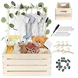 Umtiti Holz Baby Geschenk Korb mit Griff, Kinder Kleiderbügel und Girlande, Baby Aufbewahrungskorb, Baby Dusche Kiste Schrank, personalisierte Baby Korb für schwangere neue Eltern.Gift Basket-Wood-DE