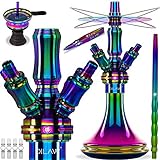 DILAW® Smart Shisha Edelstahl V2A Komplettset 38cm Hookah | Mini | to go + Glas Kohleteller | 4 Anschlüsse Adapter | Wasserpfeife | Base Closed Chamber | Kaminkopf Silikonschlauch Tabakkopf Rainbow