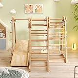 Montessori Kinderspielzeug Klettergerüst Indoor 7-in-1 Faltbares aus Holz mit Rutsche Kletterstange Schaukel Kletterseil Netzleitern und mehr,Spielturm, Spielplatz,Kombispielzeug für drinnen