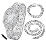 Halukakah Diamanten-Gold-Uhr Iced Out für Jungen - Platin Platiniert,31mm Quadrat Zifferblatt,Japanisches Quarzwerk - 20.5cm Länge,mit 18+40cm Cuban-Ketten & Anpassungswerkzeug -für Geburtstage,Partys