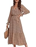 SEBOWEL Damen Langarm Blumen Rüschen Maxikleider Elegant Lang Kleider V-Ausschnitt Freizeitkleid mit Gürtel Kaffee M