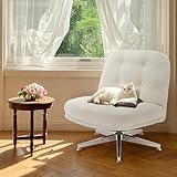 IWMH Bürostuhl Ohne Armlehnen, Sessel Wohnzimmer mit gekreuzten Beinen, Ergonomischer Drehstuhl mit Extra großes Kissen Stoff, Schreibtischstuhl für Heimbüro,Vanity,Schlafzimmer (Weiß)