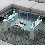 CLIPOP Couchtisch Rechteckig Beistelltisch aus Hartglas,Moderner Sofatisch mit Stauraum,Beistelltisch Glastisch mit Unterer Ablage,100 x 60 x 44 cm,Weiß