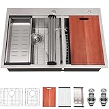 UFaucet Doppelbecken-Küchenspüle, 83 x 55 cm, 60/40 Drop-In-Küchenspüle, 83 cm Leiste, Arbeitsplatz, 16 Gauge, Edelstahl, Topmount Doppelwaschbecken mit Schneidebrett