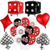 Casino Poker Party Dekorationen Ballons - 18 Stücke Casino-Thema Geburtstag Deko Spielkarten Luftballons rot schwarz Würfeldruck Karo Kreuz Pik Herz Folienballons für Männer Frauen Nacht Partydeko
