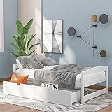 Acosure Doppelbett, einfaches Plattformbett mit 2 Schubladen, Schlafzimmeraufbewahrung, Holzrahmen mit Rollen und Lattenstütze, kein Boxspringbett erforderlich, für Erwachsene, Jungen, Mädchen,