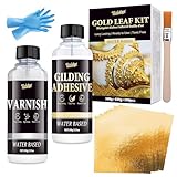 Blattgold Kleber Set 200g - Vergoldungsset mit Wasserbasierter Blattgoldkleber ＆ Schutzlack, Blattgold 100 Stück, Schnell Trocknender Blattgold Kleber zum Basteln, Kunst, Schmuck, Möbel und Malerei