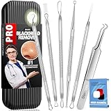 Antonki 6 Stück Mitesserentferner Set (rostfreier Edelstahl) zum entfernen von Pickeln, Blackheads, Komedonenquetscher, Heber, Remover - Verschiedene Tools: Schlingen, Pinzetten, Lanzette - mit Etui