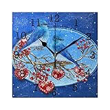 EZIOLY Quadratische Wanduhr mit weihnachtlichen Vögeln, nicht tickend, digital, leise, dekorative Uhren für Küche, Schlafzimmer, Wohnzimmer
