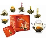 Creano Teeblumen Geschenkset - Erblühtee mit 500ml Glaskanne & 6x Weißer Tee - Geschenk zu Weihnachten Geschenk für Frauen und Teeliebhaber