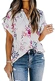ANCAPELION Damen Sommer Bluse Fashion Tuniken Hemd Kurzarm Shirt Casual Oberteile Lose Fit Top V-Ausschnitt Tunika für Frauen Weiße Blume XL
