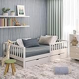 CADANI Nik Kinderbett 120x200 cm mit 2 Schubladen – Juniorbett & Jugendbett mit abnehmbarem Rausfallschutz, bis 200 kg belastbar, extra stabiles Einzelbett inkl. Roll-Lattenrost