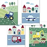 LALELU-Prints | 4er Set Bilder Kinderzimmer | Süße Fahrzeuge | genau das Richtige für kleine Jungs | perfekt fürs Babyzimmer (DIN A4 ohne Rahmen)