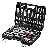 TEENO Steckschlüsselsatz, Steckschlüssel und Bitsatz Set 108 teiliges, Werkzeug Set Ratsche 1/2 Zoll und 1/4' Zoll (72 Zähne), Chrom Vanadium, Matt Satiniert