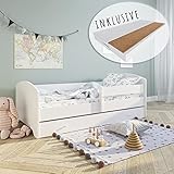 Kids Collective Kinderbett 160x80 cm mit Matratze und Schublade, Rausfallschutz & Lattenrost wahlweise im Dinosaurier, Prinzessinnen, Polizei oder Feuerwehr Design Skandi Weiß