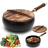RANJIMA Japanische Eisentopf, Eisenpfanne Geschmiedet mit Holzdeckel, Unbeschichtete Handgeschmiedete Eisenpfanne, 24cm Großer Bauch 24cm Eisenpfanne Pfanne für Induktionsherd und Gasherd, Kochen