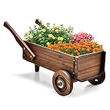 COSTWAY Blumenwagen Holz, Pflanzwagen mit Rädern und Griffen, Blumenkarre mit Abflussloch, Pflanztopf Bollerwagen, Schubkarre Gartendeko, Rustikaler Pflanzkarre für Garten Terrasse, Braun