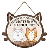 Geschenke Mall Holzschild Personalisiert - Katzen Planen Flucht - Schild selbst gestalten, haustürschilder mit namen, blechschild katze, holz namensschild, holzschild katzen (1 Katze)
