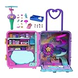 Polly Pocket Pollyville Urlaub im Rollkoffer - 4 Puppen, 1 Fahrzeug, 25+ Zubehörteile, Strand, Promenade, dreistöckiges Hotel mit Helikopter, für Kinder ab 4 Jahren, HKV43