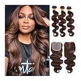 Haar Bündel Braune Körperwellenbündel mit Verschluss brasilianischem menschlichem Haarweitfarbe #4 Remy -Erweiterungen 3/4 Bündel mit T Teil 4 × 4 Spitzenverschluss Haarverlängerung ( Color : #4 , Siz