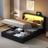 Oxtao Polsterbetten 140x200,Betten mit Lichtleisten, Bluetooth-Playern und USB-Ladegeräten, Stauraumbetten aus PU-Leder, Kinderbetten, Jugendbetten mit Lattenrosten (Schwarz, 140x200CM)