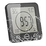 ALLOMN Badezimmer Uhr, LCD Digital Dusche Wecker wasserdichte Berührungssteuerung ℃ / ℉ Temperatur Luftfeuchtigkeit, Countdown Timer, 3 Montagemethoden, Batterieleistung (Schwarz)