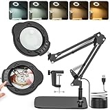 Jubor Verbessert Lupe mit Licht und Ständer, 15X 10X Lupenleuchte mit Klemme und Basis, Lupe und Licht mit 5 Farbmodi und 10 Helligkeitsstufen, LED Lupenlampe für Hobby Basteln, Reparatur, Heimwerker